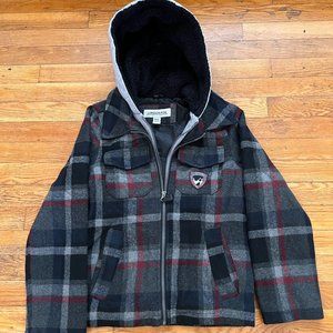 London Fog Boy Wool Blend Plaid Winter Coat Youth Size M 10-12 Hoodie Jacket